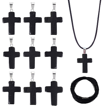 20Pcs Natural Black Agate Pendants Necklace Macking, Religion Cross Charm, with 1 Bundle Winding Waxed Polyester Cord, Dyed & Heated, Cross: 28~30x18x6mm, Hole: 7x3.5mm, Cord: 1mm