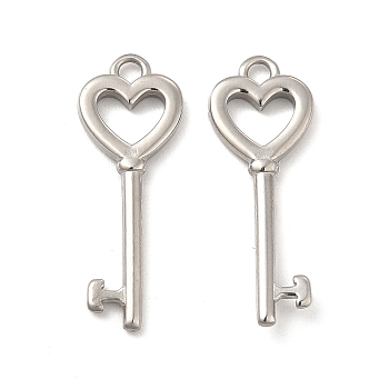304 Stainless Steel Pendants, Heart Key Charm, Stainless Steel Color, 24x9x2mm, Hole: 1.6mm