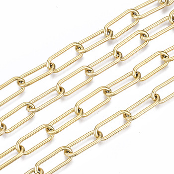 3.28 Feet Vacuum Plating 304 Stainless Steel Paperclip Chains, Drawn Elongated Cable Chains, Unwelded, Oval, Golden, 17x7x2mm