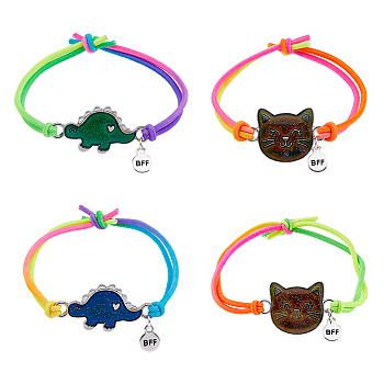 4Pcs 4 Style Cat & Dinosaur Alloy Link Bracelets Set with Rubber, Polyester Cord Adjustable Bracelets for Best Friends, Mixed Color, Inner Diameter: 2 inch(5cm), 1Pc/style
