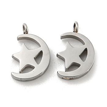 304 Stainless Steel Charms, Moon with Star Charm, Stainless Steel Color, 11.5x7.5x2mm, Hole: 1.4mm