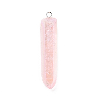 Electroplated Natural Quartz Pendants, with Brass Findings, Bullets, Pointed Pendants, Platinum, Pink, 40~65x7~15mm, Hole: 3mm