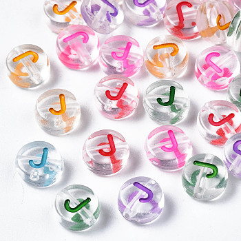 Transparent Clear Acrylic Beads, Horizontal Hole, Flat Round with Mixed Color Letter, Letter.J, 7x3.5mm, Hole: 1.2mm, about 3700pcs/500g