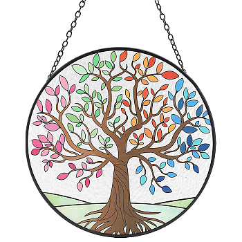 Flat Round Glass Pendant Decoration, Iron Chain Wall Hanging Decoration, Tree of Life, 250mm
