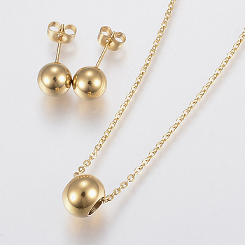 304 Stainless Steel Jewelry Sets, Pendant Necklaces and Stud Earrings, Round, Golden, 17.71 inch(45cm), 19x8mm, Pin: 0.8mm