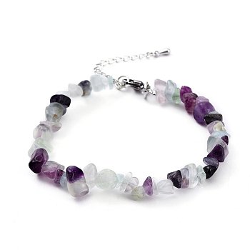 Natural Fluorite Chip Beaded Bracelets, with Platinum Plated Brass Chain Extender and 304 Stainless Steel Lobster Claw Clasps, 7-7/8 inch(20cm)