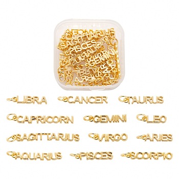 24Pcs 12 Style Golden Brass Pendants, with Jump Rings, Long-Lasting Plated, Word with Constellation/Zodiac Sign, 12 Constellations, 4x12~34x1.5mm, Hole: 3mm, 2pcs/style