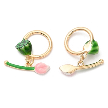 Brass Toggle Clasps with Green Enamel, Lotus Flower, Real 18K Gold Plated, Ring: 20.5x18.5x8mm, Flower: 26x6.5x4mm, Hole: 1.8mm