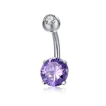 Piercing Jewelry, Brass Cubic Zirconia Navel Ring, Belly Rings, with 304 Stainless Steel Bar, Lead Free & Cadmium Free, Flat Round, Platinum, Purple, 21x8mm, Bar: 15 Gauge(1.5mm), Bar Length: 3/8"(10mm)