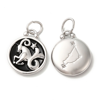 304 Stainless Steel Enamel Pendants, with Jump Ring, Flat Round with Constellation, Stainless Steel Color, Capricorn, 20.5x17x2.5~3.5mm, Hole: 4x6mm