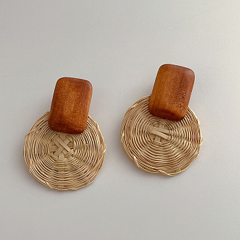 Woven Wood Rattan Dangle Earrings for Women, Round