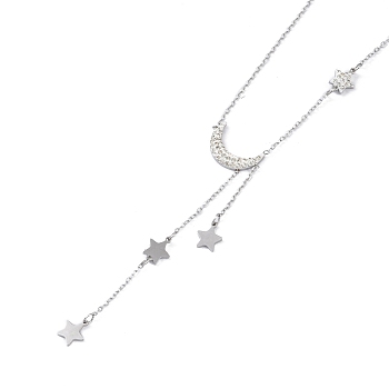304 Stainless Steel with Polymer Clay Rhinestone Necklaces, Star & Moon Pendant Necklaces for Women, Stainless Steel Color, 16.73 inch(42.5cm)