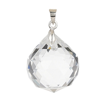 Clear Glass Pendants, with Brass Ice Pick Pinch Bails, Faceted Teardrop Charms, Silver, 28.5x21mm, Hole: 4x3.5mm