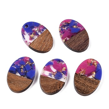 Transparent Resin and Walnut Wood Pendants, Oval Charms with Gold Foil, Mauve, 23x15.5x3.5mm, Hole: 2mm