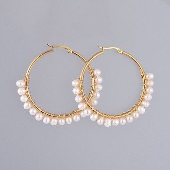 Hoop Earrings, with Natural Cultured Freshwater Pearl, Copper Wire, 304 Stainless Steel Hoop Earrings and Cardboard Packing Box, Golden, 55x6mm, Pin: 0.6x1mm