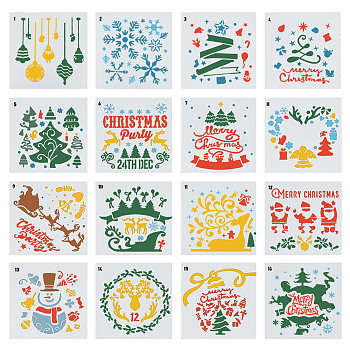 16Pcs 16 Styles Christmas Theme PET Plastic Hollow Out Drawing Painting Stencils Templates, Square with Christmas Theme Pattern, White, 130x130x0.3mm, 1pc/style