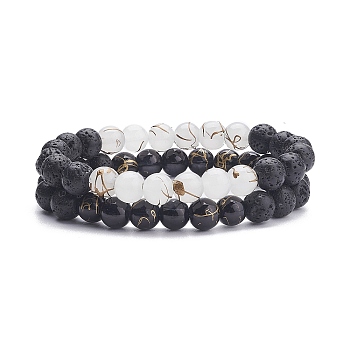 2Pcs 2 Color Round Glass & Natural Lava Rock Beaded Stretch Bracelets Set, Essential Oil Gemstone Jewelry for Women, Inner Diameter: 2-1/4 inch(5.6cm), 1Pc/color
