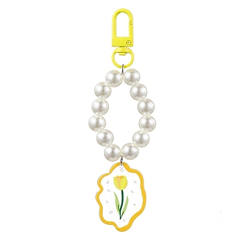 Alloy Acrylic Pendant Decorations, with Imitation Pearl Acrylic Beads, Flower Patterns, Yellow, 126mm