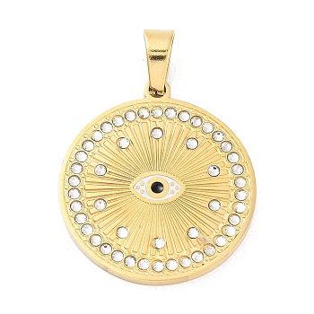 304 Stainless Steel Charms, with Rhinestone and Enamel, Real 18K Gold Plated, Evil Eye Charm, White, 27.5x24.5x2mm, Hole: 6.5x4mm