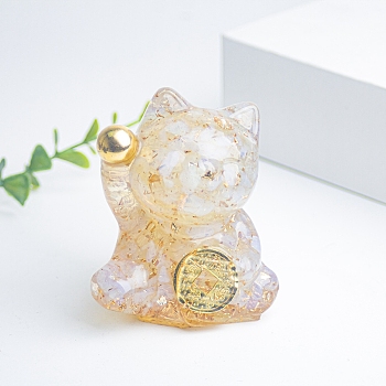 Resin Fortune Cat Display Decoration, with Opalite Chips inside Statues for Home Office Decorations, 55x40x60mm