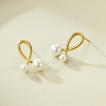 304 Stainless Steel Stud Earrings, with Shell Beads, Round, Real 18K Gold Plated, 17.5x10.5mm