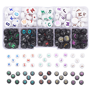 180Pcs 10 Style Opaque Black Acrylic Beads, Flat Round with Random Letters, Mixed Color, 9.5~10x6mm, Hole: 2mm, 18pcs/style