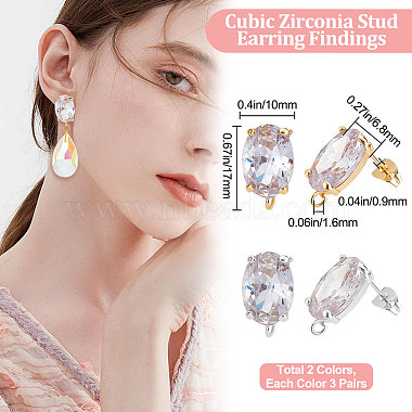 6 Pairs 2 Colors Brass Micro Pave Clear Cubic Zirconia Oval Stud Earring Findings(KK-BBC0007-30)-2