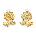 Ion Plating(IP) 201 Stainless Steel Pendants, Sunflower, Real 18K Gold Plated, 26x18x2.5mm, Hole: 2mm(X-STAS-N098-208LG)