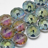 Electroplate Glass Beads Strands, Frosted, Rainbow Plated, Faceted, Flat Round, Medium Sea Green, 14x8~10mm, Hole: 1.5mm, about 50pcs/strand, 26.77 inch(EGLA-Q084-14mm-02)