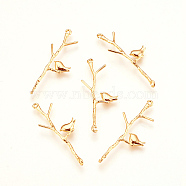 Brass Links connectors, Branch with Bird, Real 18K Gold Plated, 34x13x1.5mm, Hole: 1mm(X-KK-S345-081)