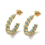 Real 18K Gold Plated 304 Stainless Steel with Glass Ring Stud Earrings, Half Hoop Earrings, Cyan, 20x4.5mm(EJEW-Z026-18G-03)