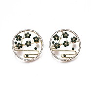 Rhinestone Ring with Plum Blossom, Flower Alloy Brooch for Backpack Clothes, Nickel Free & Lead Free, Light Golden, Emerald, 32x31mm(JEWB-N007-073)