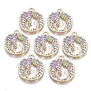 Alloy Pendants, with Enamel, Flat Round with Leaf and Cat Shape, Golden, Medium Purple, 25x22x1.5mm, Hole: 2mm(ENAM-S120-005)