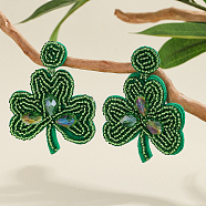 Bohemian Style Trifoliate Glass Bead Handmade Dangle Stud Earrings, Green, 62x48mm(KM8281)