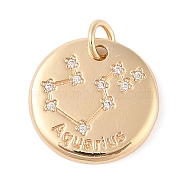 Brass with Clear Cubic Zirconia Pendants, with Jump Rings, Flat Round, Aquarius, 15.5x2mm, Hole: 3.5mm(KK-N256-24K-G)