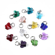 Faceted Transparent Glass Charms, with Iron Jump Ring, Butterfly, Mixed Color, 13~14x9.8x6mm, Hole: 4mm(GLAA-T024-06)