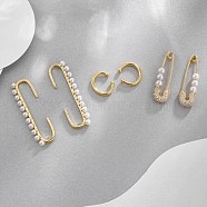 Brass Cuff Earrings and Hoop Earrings Sets, with Cubic Zirconia and Shell Pearl, Safety Pin Shape and Oval, Golden, Oval: 38.5x11.5mm, Cuff Earrings: 13.5x11.5mm, Hoop Earrings: 29.5x9mm, 3pairs/set(EJEW-BB35146)