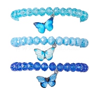 Electroplated Faceted Rondelle Glass Beaded Stretch Bracelet Sets, Butterfly Printed Alloy Enamel Charm Stackable Bracelets for Women, Mixed Color, Inner Diameter: 1-5/8 inch(4.2cm), about 1pc/color(BJEW-JB10482)