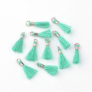 Polycotton(Polyester Cotton) Tassel Pendant Decorations, with Unwelded Iron Jump Rings, Golden, Medium Aquamarine, 10~16x2mm, Hole: 1.5mm(OCOR-S102-30)