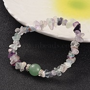 Chips Natural Fluorite Beaded Stretch Bracelets, with Brass Rhinestone Findings, Silver Color Plated, 59mm(BJEW-JB02131-03)