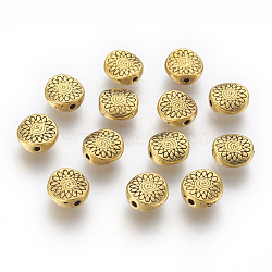 Tibetan Style Alloy Beads, Lead Free & Cadmium Free, Flat Round with Flower, Antique Golden, 8.5x8.5x3.5mm, Hole: 1.5mm(GLF10934Y)