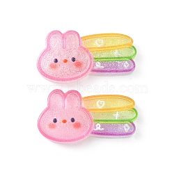 Translucent Resin Cabochons, Glitter Rabbit with Rainbow, Pearl Pink, 17.5x33x6mm(CRES-O006-08)