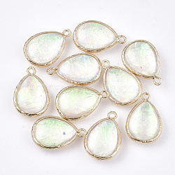 Resin Pendants, with Brass Findings, teardrop, Golden, Colorful, 23x15~15.5x7mm, Hole: 1.6mm(RESI-S373-06)