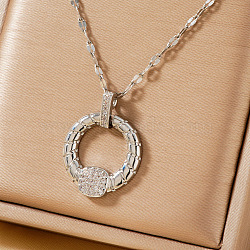 Ring Brass Cubic Zirconia Pendant Necklaces for Women, Simple and Fashionable, Platinum, 15.75 inch(40cm)(TY8775-2)