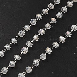 Glass Rondelle Beaded Chains, with 304 Stainless Steel Findings, Soldered, with Spool, Stainless Steel Color, 2x1.5x0.2mm, 4x2mm(CHS-B004-02P)