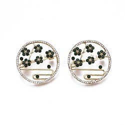 Rhinestone Ring with Plum Blossom, Flower Alloy Brooch for Backpack Clothes, Nickel Free & Lead Free, Light Golden, Emerald, 32x31mm(JEWB-N007-073)