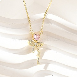 Brass Micro Pave Cubic Zirconia Pendant Necklaces, Bowknot with Heart, Golden, Pink, 15.98 inch(40.6cm)(NJEW-S441-03C-G)