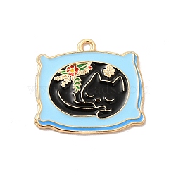 Alloy Enamel Pendants, Light Gold, Sleeping Cat Charm, Light Sky Blue, 22x25x1.5mm, Hole: 2mm(ENAM-A143-08KCG-04)