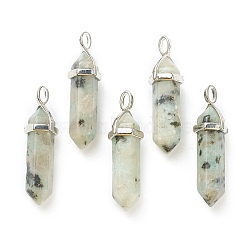 Natural Sesame Jasper Pointed Pendants, with Platinum Tone Brass Findings, Bullet, 39.5x12x11.5mm, Hole: 4.5x2.8mm(X-G-M378-01P-A11)