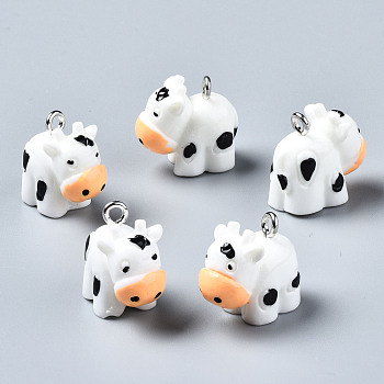 Opaque Resin Pendants, with Platinum Tone Iron Loop, 3D Calf, White, 15~16x17~18x10.5mm, Hole: 1.8mm